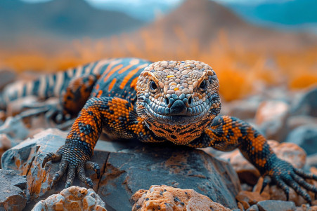 Gila monster crawling over a rocky desert landscape, alert and ready to defend itself