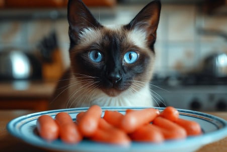 Siamese cat with blue eyes sitting on a counter, eyeing a plate of hot dogs with caution