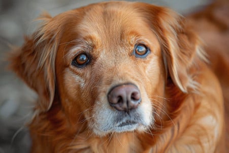 Close-up of a Golden Retriever with a noticeable head tremor, looking concerned