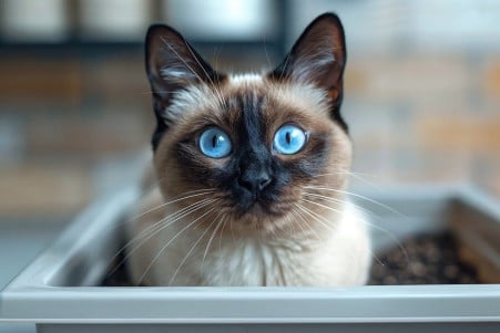 Playful Siamese cat batting at the edge of a litter box that is filled to the brim