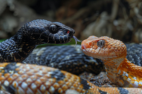 Detailed image of a black rat snake slithering towards a coiled copperhead snake, with a rocky, wooded hillside in the background