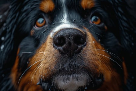 Close-up portrait of a Bernese Mountain Dog with drool visibly dripping down its chin