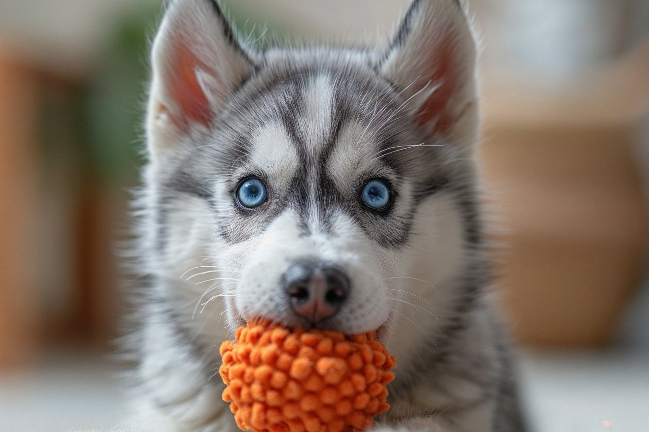 Energetic Siberian Husky shaking a squeaky chew toy back and forth, with striking blue eyes and a fluffy gray and white coat