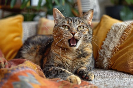 Detailed portrait of a short-haired tortoiseshell spayed female cat meowing loudly with her mouth open wide, sitting on a couch surrounded by plush pillows in a cozy living room setting