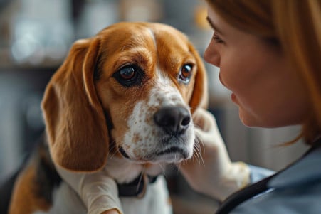Veterinarian examining a skin tag on a Beagle's neck with focus on the skin tag and vet's hands