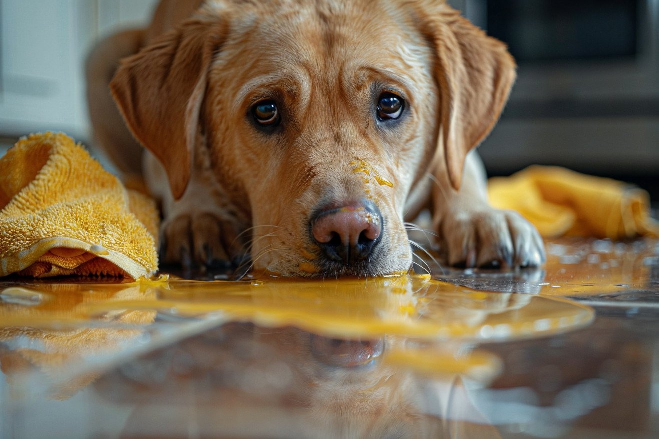 Labrador Retriever sniffing at a spilled bottle of Pine-Sol cleaner on a kitchen floor