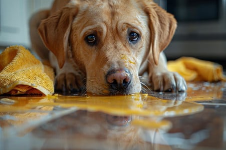 Labrador Retriever sniffing at a spilled bottle of Pine-Sol cleaner on a kitchen floor