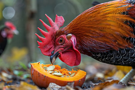Close-up portrait of a vibrant red Rhode Island Red rooster inspecting a slice of pumpkin on the ground of a chicken run