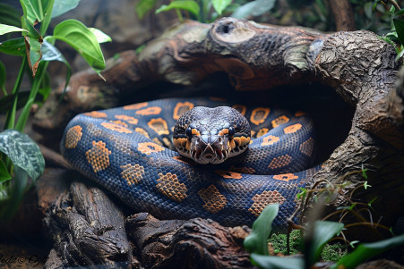 A large, adult ball python partially hidden under a rock cave in a glass terrarium, showcasing its muscular build and rich, brown coloration