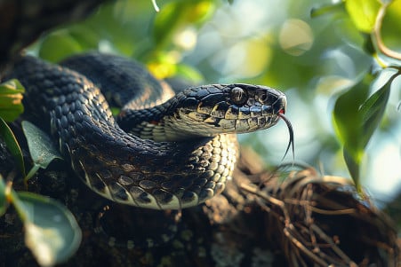 Realistic image of a black racer snake winding up a tree towards a bird's nest