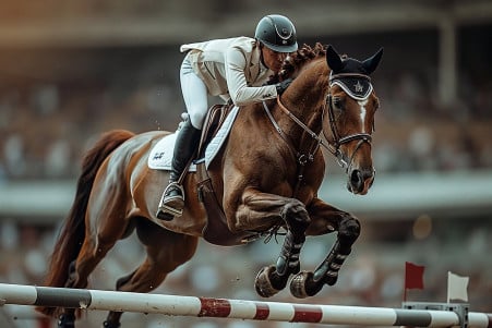 Equestrian competitor on a chestnut-colored warmblood horse expertly executing a jump over obstacles