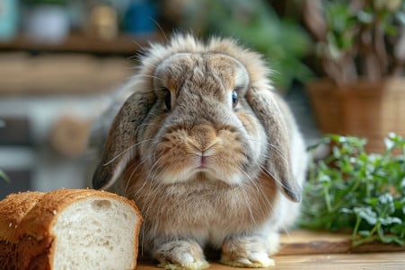 Curious grey and white rabbit sniffing a slice of bread on a wooden table