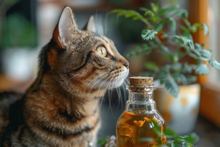 Portrait of a curious tabby cat closely sniffing a bottle of neem oil with neem plant visible beside it