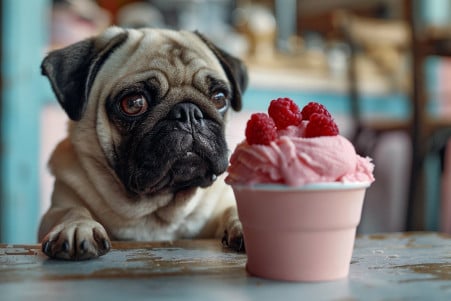 Pug curiously sniffing at a cup of frozen yogurt topped with fresh fruit
