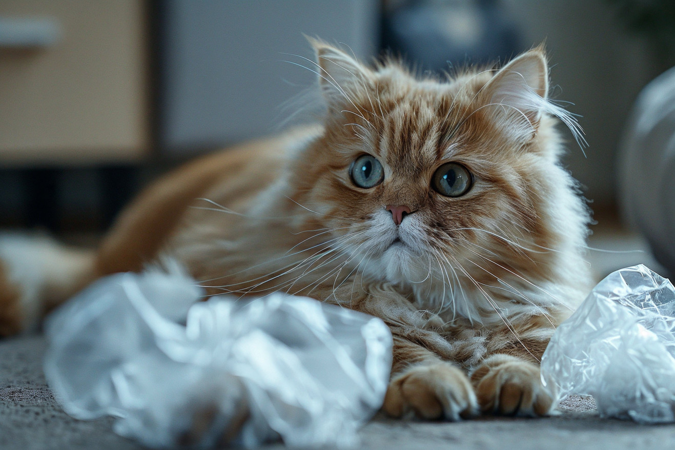 A plump, fluffy Persian cat with a worried expression lying next to scattered pieces of plastic wrap on the floor