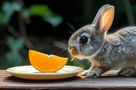 Playful grey lop-eared rabbit examining a slice of orange on a wooden surface in a sunny garden environment