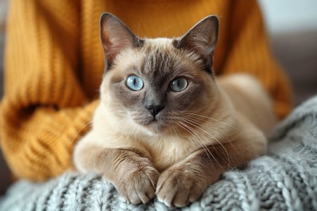 Burmese cat with a rich brown coat standing on its owner's chest, paws kneading the fabric of their shirt, as the owner smiles down at their pet