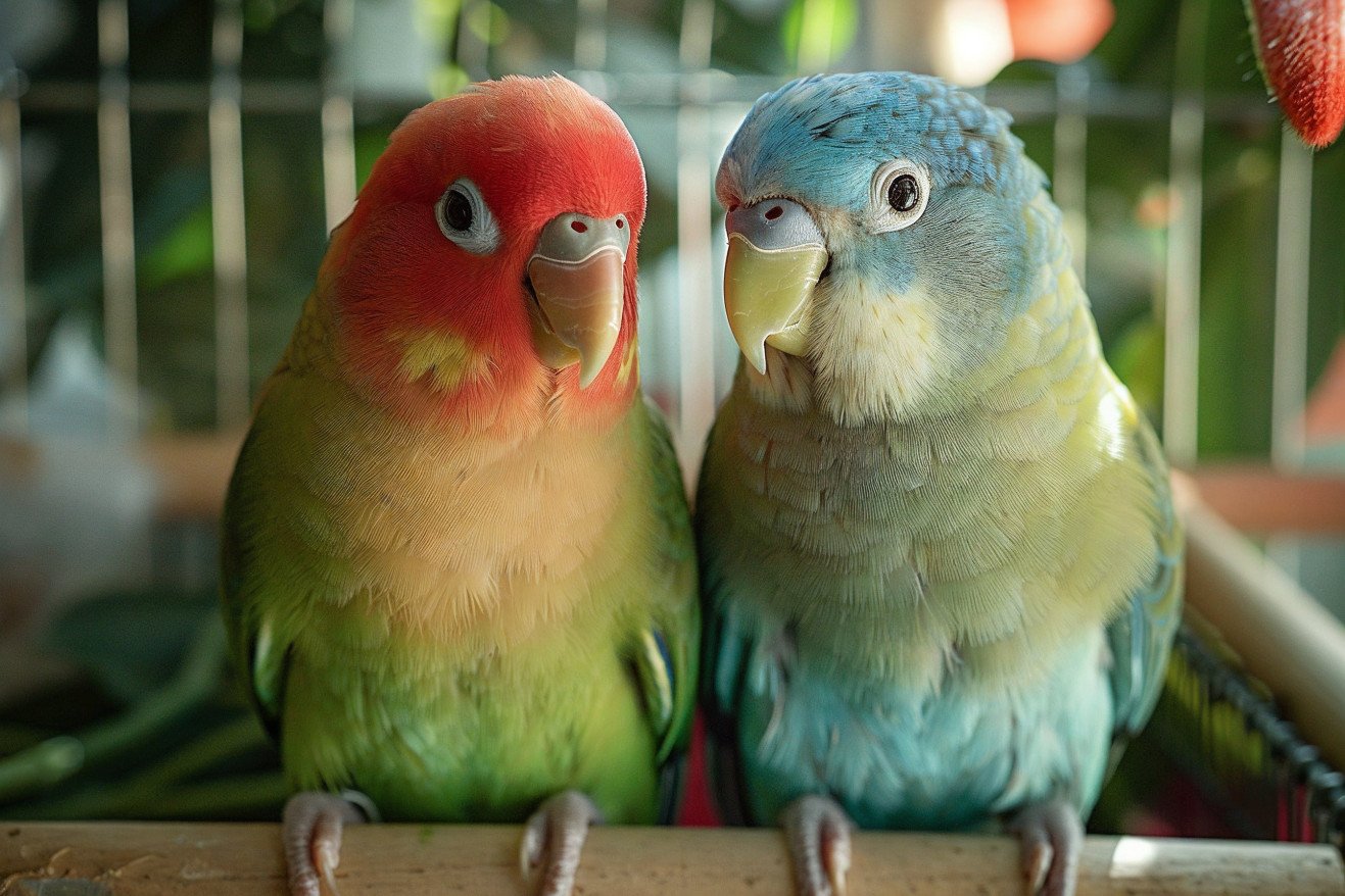 Two lovebirds, one green and one blue, sitting side-by-side in a bird cage filled with wooden perches, toys, and fresh greens