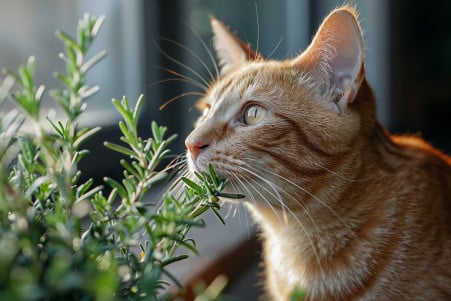 Orange tabby cat sniffing at a sprig of fresh rosemary