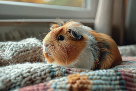 Curious Abyssinian guinea pig with a rosette-patterned coat looking back at its hindquarters
