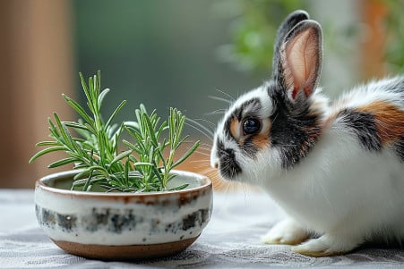 Close-up of a Dutch rabbit's head as it approaches a small bowl filled with sprigs of rosemary