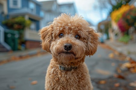 A friendly-looking poodle with a concerned expression, standing on a neighborhood street with houses and trees in the background