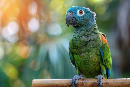 A vibrant blue-crowned conure perched on a wooden dowel, its beak open as if speaking
