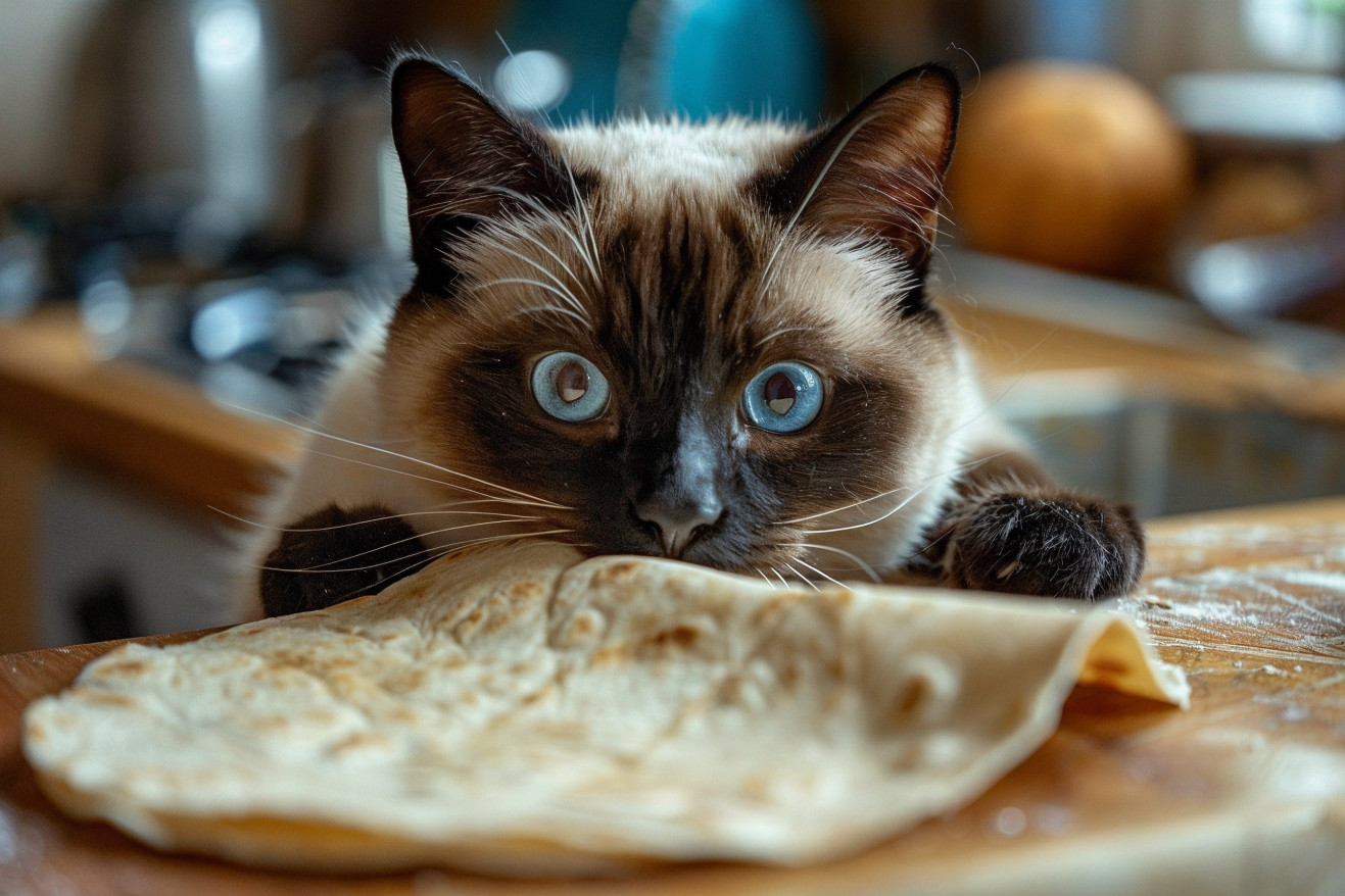 A curious Siamese cat with piercing blue eyes cautiously sniffing a flour tortilla on a kitchen counter