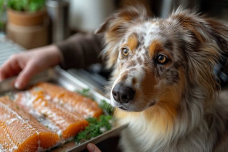 Australian Shepherd dog gazing up at owner holding a raw cod fillet in a home kitchen setting