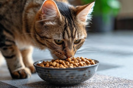 Cat sniffing a bowl of dog food in a domestic kitchen with a blurred background