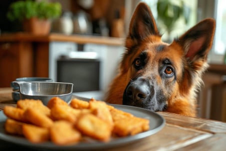Belgian Malinois looking attentively at a plate of hash browns in a home kitchen with morning light