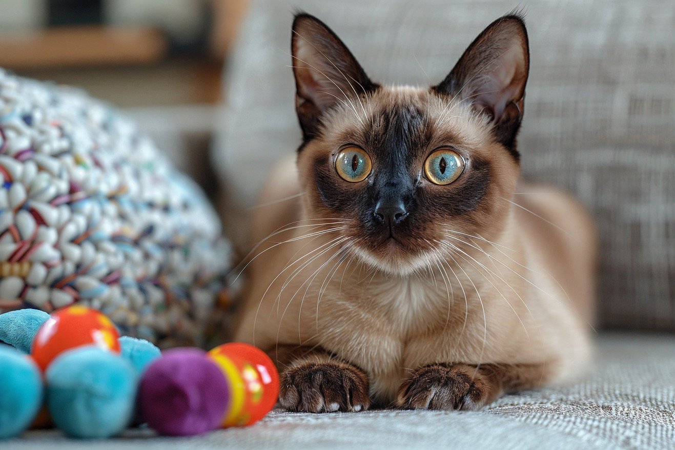 A cat with a short, glossy coat sitting on a couch, gazing at a colorful array of toys on the floor