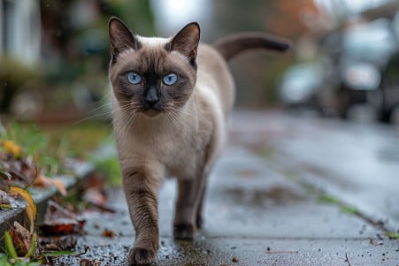 Elegant Siamese cat confidently walking down a residential sidewalk, nose twitching as it detects scents
