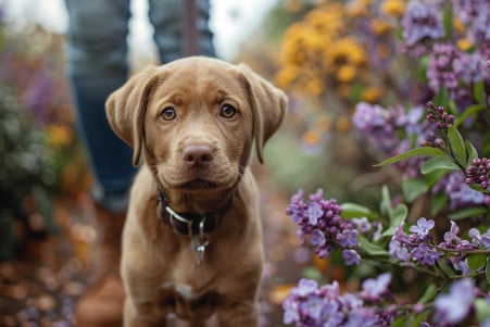 Labrador Retriever puppy being led away from a fallen lilac branch on the ground