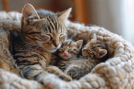 Tabby cat licking her healthy newborn kittens in a cozy nest