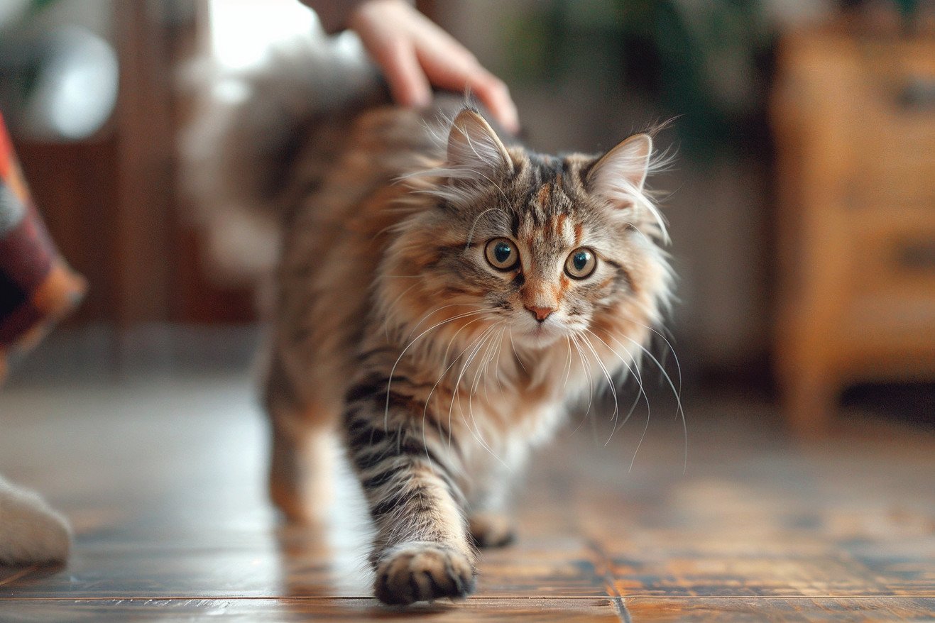 Fluffy Maine Coon cat running away from an outstretched hand across a hardwood floor