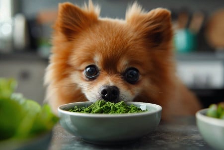 Fluffy Pomeranian dog sniffing a bowl of bright green matcha powder on a kitchen counter