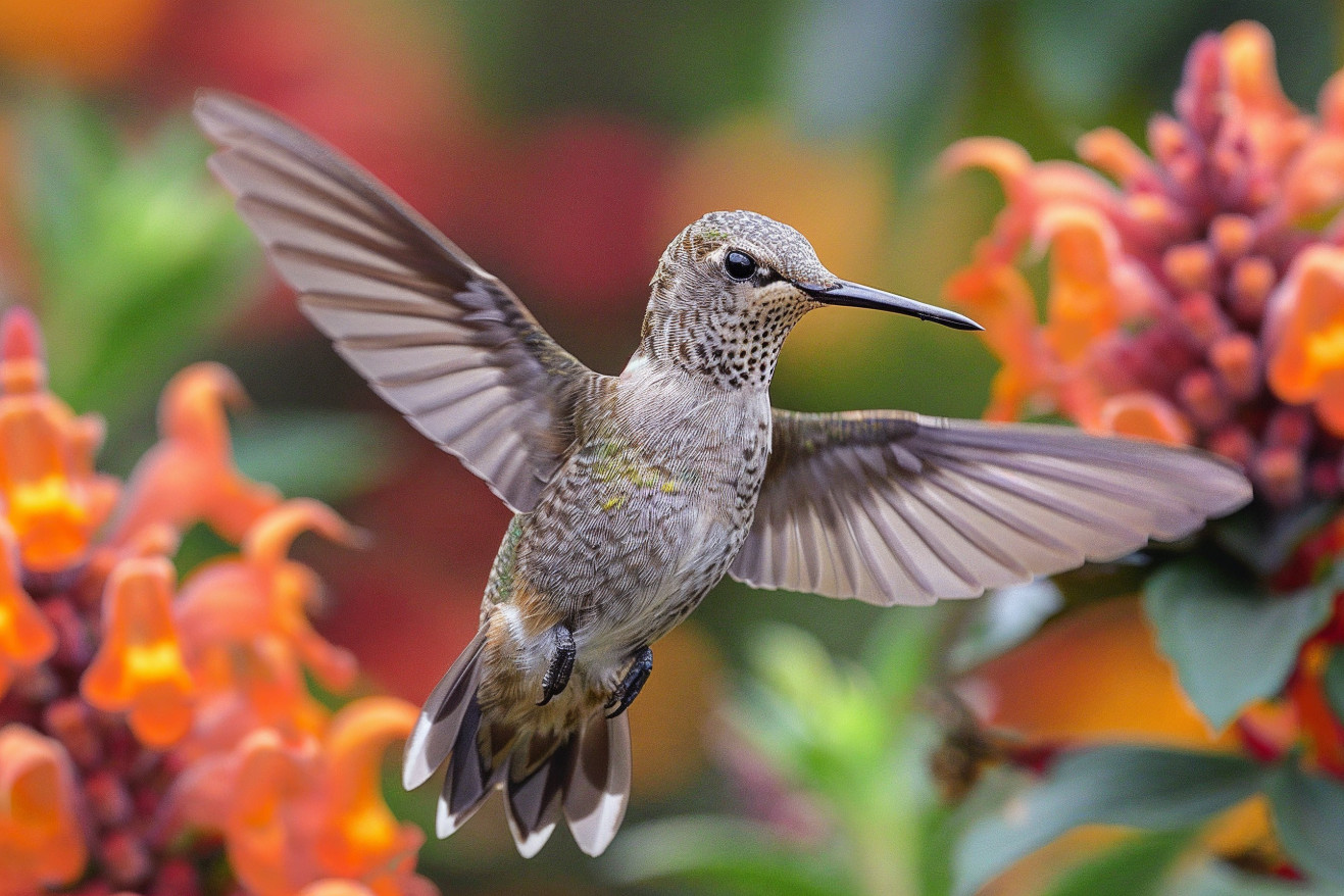 Close-up of a hummingbird's long, extensible tongue protruding from its beak as it hovers near a cluster of flowers