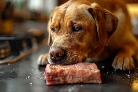 Curious Labrador Retriever sniffing at a raw pork tenderloin on the kitchen floor