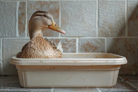 Curious duck sitting next to a small litter box, examining it with hesitation