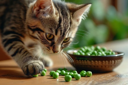 American Shorthair cat playfully batting at green peas on a wooden floor with cat kibble in the background