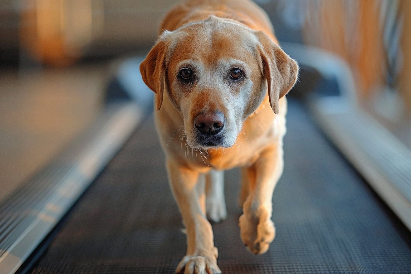 Older Labrador Retriever walking on a dog-specific treadmill with a determined expression