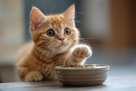 Orange tabby cat standing on hind legs, pawing at an empty food bowl with intense focus