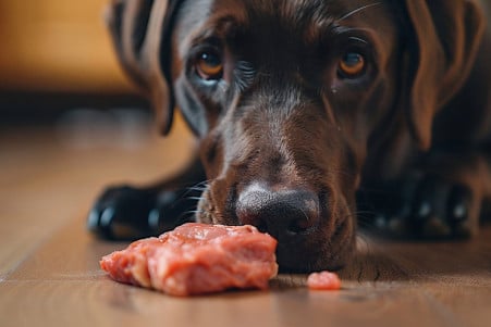 Concerned-looking Labrador Retriever sniffing at a raw steak on the floor in a household setting