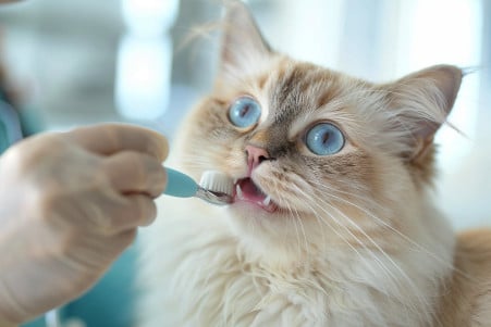 Veterinarian brushing the teeth of a calm, patient Ragdoll cat with a soft, plush medium-length coat in a clean, sterile exam room