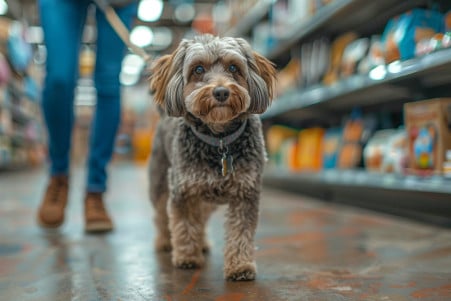 Owner guiding a well-behaved Labradoodle through the aisles of a Hobby Lobby store