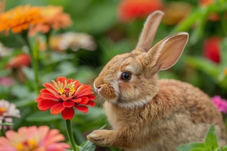 Curious rabbit with long, upright ears intently sniffing a vibrant red zinnia flower in a lush, green garden