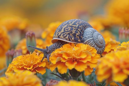 Large, spotted snail crawling across a marigold plant, leaving a trail of slime