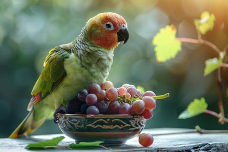 A vibrant green and yellow Quaker parrot perched on the edge of a small bowl filled with plump, purple grapes, gazing inquisitively at the fruit