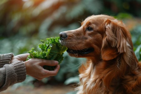 Golden Retriever sitting calmly as their owner hand-feeds them pieces of green leaf lettuce